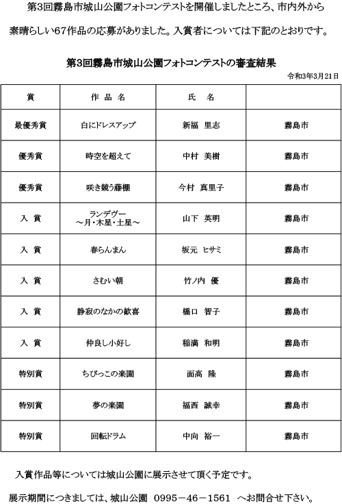 第3回霧島市城山公園フォトコンテストの審査結果