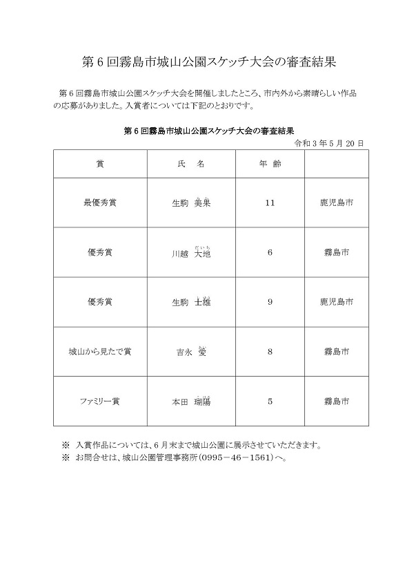 第6回霧島市城山公園スケッチ大会の審査結果