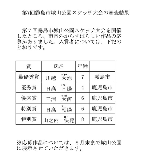 城山公園 | 第7回霧島市城山公園スケッチ大会の審査結果について