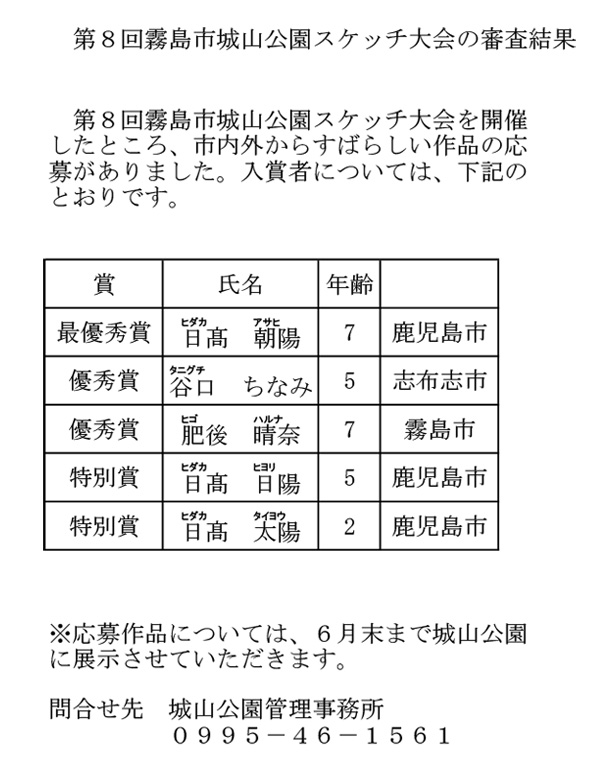 城山公園 | 第8回霧島市城山公園スケッチ大会の審査結果